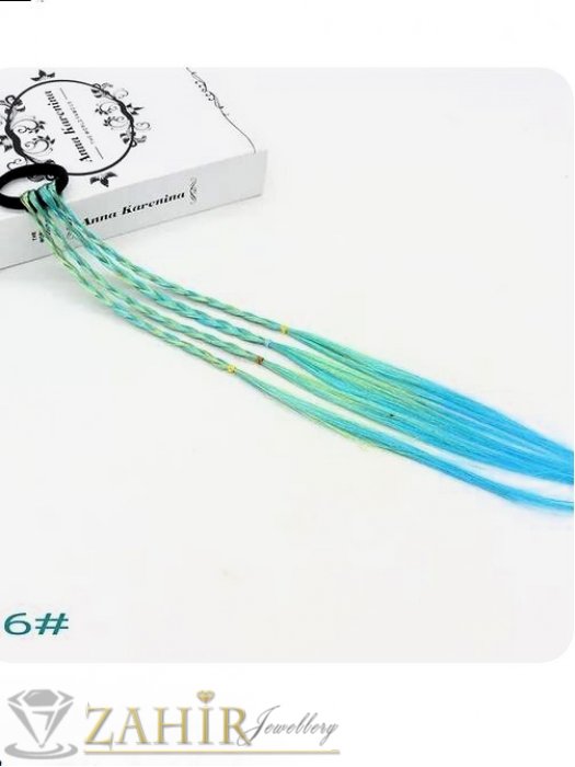 Аксесоари за коса - 4 бр. плитки на ластик от синтетична коса в зелено и синьо на черен ластик, дължина 40 см, носят се на опашка - KP1040